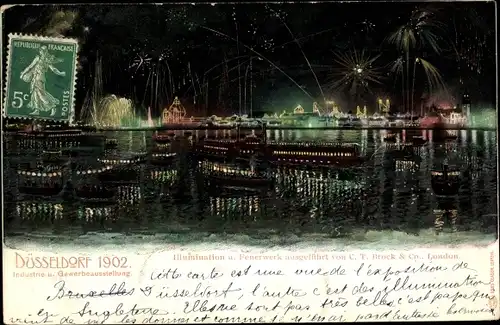 Ak Düsseldorf am Rhein, Industrie- und Gewerbeausstellung 1902, Illumination und Feuerwerk, Schiffe