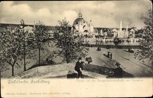 Ak Düsseldorf am Rhein, Partie vor der Haupt-Industriehalle, Fontaine, Gewerbeausstellung 1902