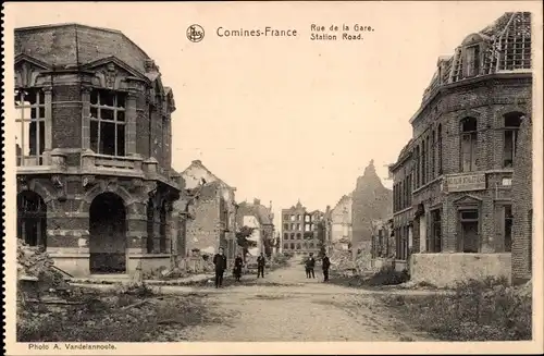 Ak Comines Nord, Rue de la Gare, Ruinen