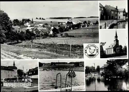 Ak Langgrün Gefell im Vogtland, Panorama vom Ort, Kirche, 675 Jahre Wappen, Kanal, Freibad