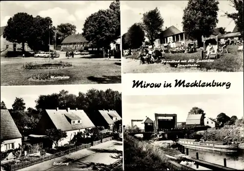 Ak Mirow Mecklenburgische Seenplatte, Marktplatz, Strandbad, HO-Gaststätte Strandhalle, Siedlung