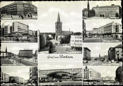 Ak Bochum im Ruhrgebiet, Hauptbahnhof, Probsteikirche, Hauptpost, Rathaus, Strassenansichten