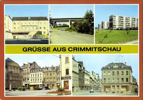 Ak Crimmitschau in Sachsen, Haus der Dienste, Autobahnbrücke, Neubauten, Markt, Silberstraße