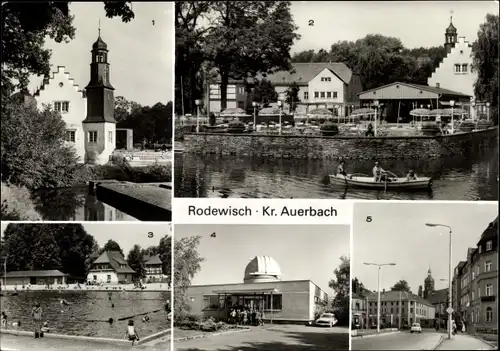Ak Rodewisch im Vogtland Sachsen, Schlossinsel, Freibad, Schulsternwarte, Karl-Marx-Platz