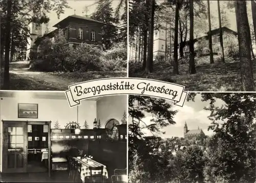 Ak Schneeberg im Erzgebirge, Berggaststätte Gleesberg, Außenansicht, Speisesaal, Panorama