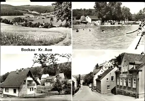 Ak Bockau im Erzgebirge Sachsen, Schwimmbad, Ortspartie, Trompeter Schlösschen