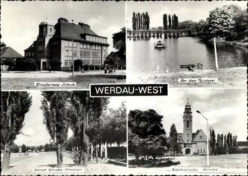 Ak Werdau West in Sachsen, Ernst-Grube-Stadion, Diesterweg Schule, Teich, Kath. Kirche