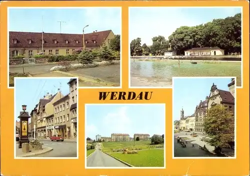 Ak Werdau in Sachsen, Sportschule, Bad, August-Bebel-Straße, Markt, Werdau Ost Neubauten