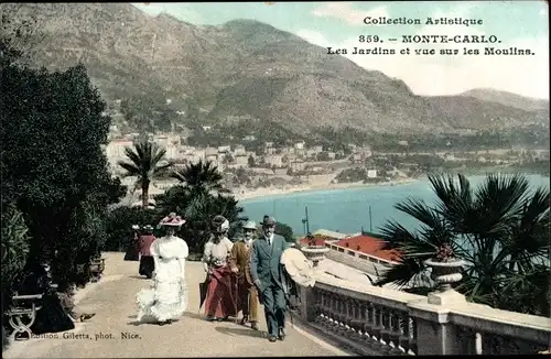 Ak Monte Carlo Monaco, Les Jardins et vue sur les Moulins