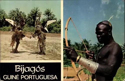 Ak Bijagos Bissagos Guinea Bissau, Cacador Felupe, Deus Peixe, Bogenschütze, Männer in Tracht