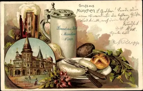 Künstler Litho München, Löwenbräu Keller, Weißwurscht, Rüben und Bier, Brötchen