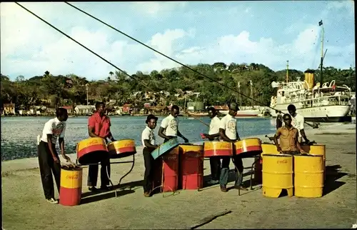 Ak Saint Lucia British West Indies Karibik, Happy Landings in Castries, Musiker, Hafen