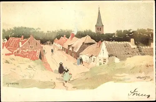 Künstler Litho Cassiers, Domburg Veere Zeeland Niederlande, Blick auf den Ort, Häuser, Kirchturm