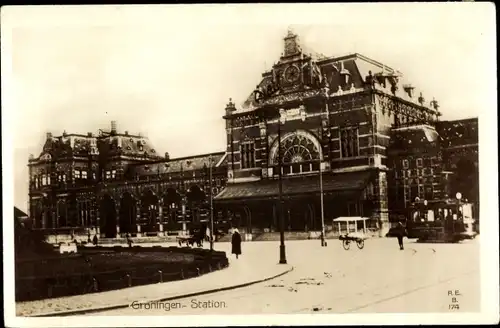 Ak Groningen Niederlande, Station, Bahnhof, Straßenbahn