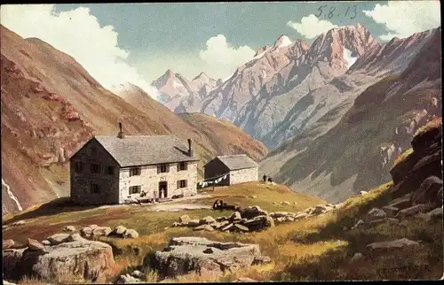 Künstler Ak Reschreiter, R., St. Leonhard im Pitztal in Tirol, Das Taschachhaus mit Alpen