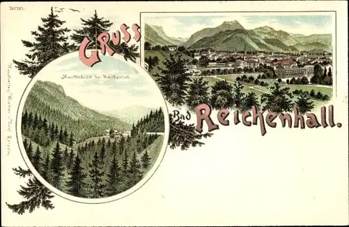 Litho Bad Reichenhall in Oberbayern, Totale vom Ort, Wald