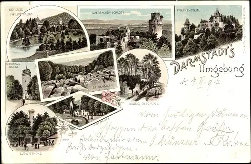 Litho Darmstadt, Frankenstein, Auerbacher Schloss, Felsenmeer, Ludwigshöhe