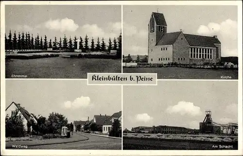 Ak Kleinbülten Bülten Ilsede in Niedersachsen, Ehrenmal, Kirche, Waldweg, am Schacht