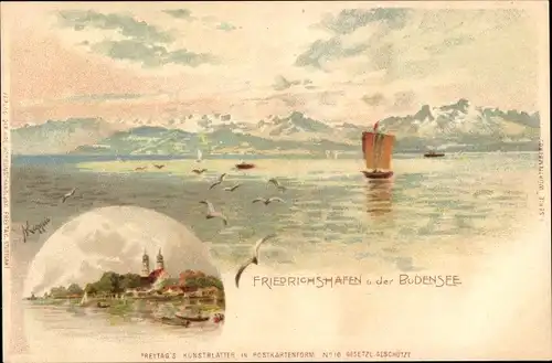 Künstler Litho Friedrichshafen am Bodensee, Bodenseeidyll, Möwen, Ort