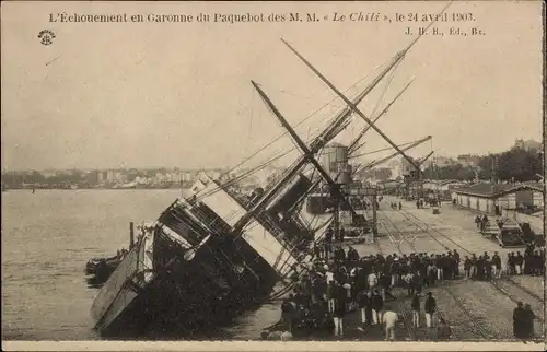 Ak Dampfer Le Chili, Messageries Maritimes, l'Échouement en Garonne 1903