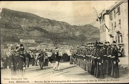 Ak Monaco, Revue de la Compagnie des Carabiniers sur la Place du Palais, Garde