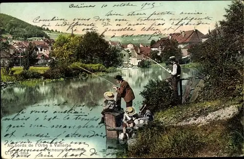 Ak Vallorbe Kt. Waadt Schweiz, Au bords de l'Orbe, Pêcheurs de truites, Angler