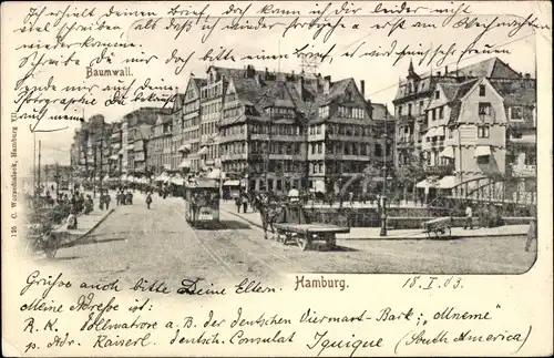 Ak Hamburg Mitte Altstadt, Baumwall, Straßenbahn, Kutschen