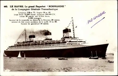 Ak Le Havre Seine-Maritime, Paquebot Normandie, CGT French Line