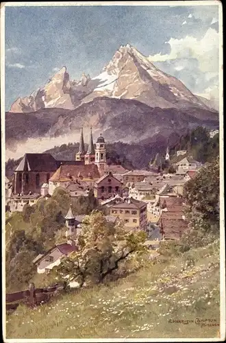 Künstler Ak Compton, Edward Harrison, Berchtesgaden in Oberbayern, Ortschaft mit Landschaftsblick