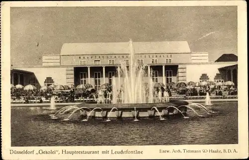 Ak Düsseldorf am Rhein, Gesolei, Hauptrestaurant mit Leuchtfontäne, Ausstellung 1926