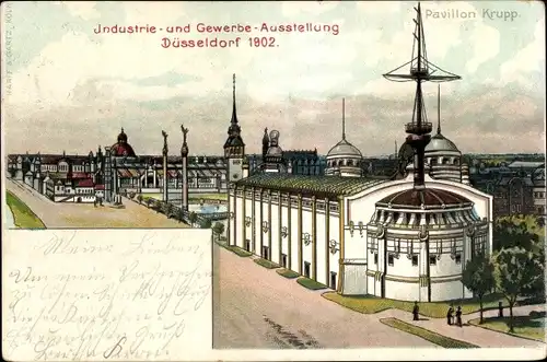 Litho Düsseldorf am Rhein, Industrie und Gewerbeausstellung 1902, Pavillon Krupp