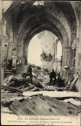 Ak Souain Marne, Interieur de l'Eglise, Kriegszerstörung 1. WK