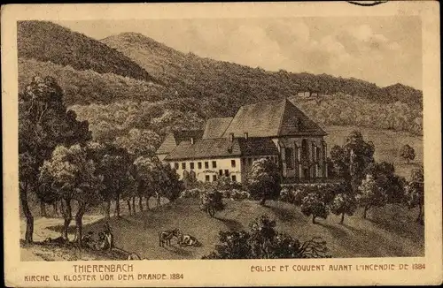 Künstler Ak Thierenbach Jungholtz Jungholz Elsass Haut Rhin, Kirche und Kloster vor dem Brand 1884