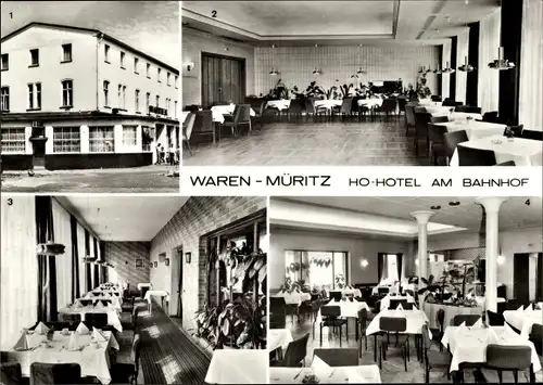 Ak Waren an der Müritz, HO Hotel am Bahnhof, Aussen- und Innenansicht, Restaurant