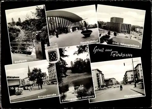 Ak Bochum im Ruhrgebiet, Stadtpark, Hauptbahnhof, Städt. Schauspielhaus, Bismarckturm, Viktoriastr.