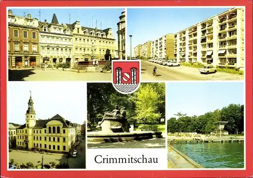 Ak Crimmitschau in Sachsen, Markt, Straße der Freundschaft, Rathaus, Brunnen im Friedenspark