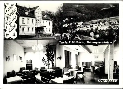 Ak Tambach Dietharz, FDGB Ferienheim 8. März, Speisesaal, Klubraum, Panorama