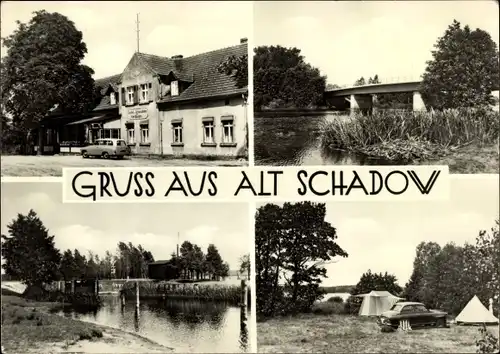 Ak Alt Schadow Märkische Heide in Brandenburg, Gasthof, Außenansicht, Zeltplatz, Brücke, Auto