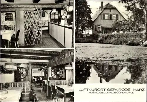 Ak Gernrode Quedlinburg im Harz, Ausflugslokal Bückemühle, Außen- und Innenansichten