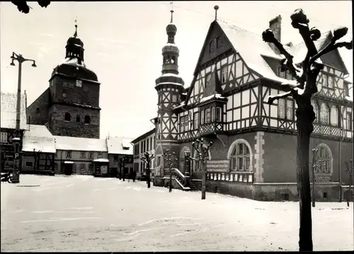 Ak Harzgerode am Harz, Marktplatz im Schnee, Rathaus, Kirche