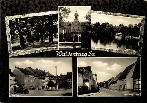 Ak Waldenburg in Sachsen, Bahnhofstraße, Marktplatz, Gondelteich, Heilstätte, Eichenallee