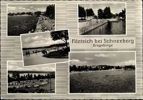 Ak Neustädtel Schneeberg im Erzgebirge, Bergsee Filzteich, Ufer, Parkplatz, Boote