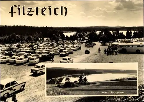 Ak Neustädtel Schneeberg im Erzgebirge, Bergsee Filzteich, Strandbad, Parkplatz, Autos, Busse