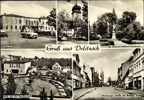 Ak Delitzsch in Sachsen, Bahnhof, Berufsschule, Eilenburger Straße mit breitem Turm, Denkmal