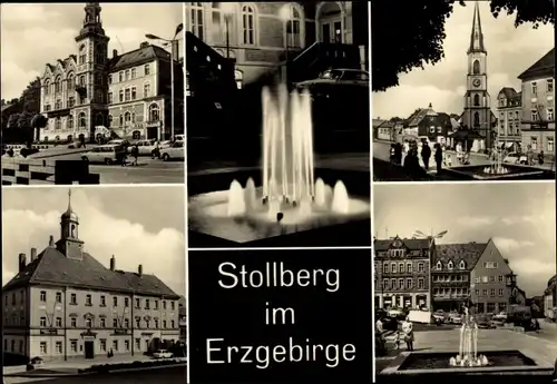 Ak Stollberg im Erzgebirge, Kirchen, Brunnen, Fontäne bei Nacht