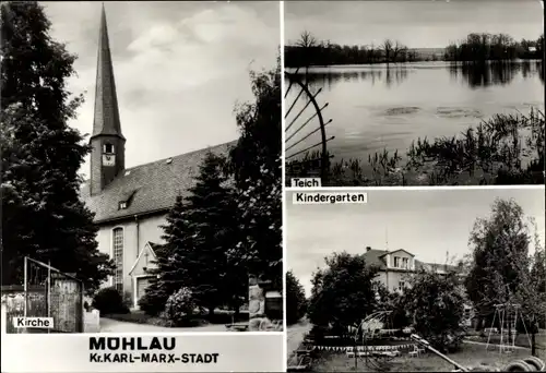 Ak Mühlau Mittelsachsen, Teich, Kindergarten, Kirche