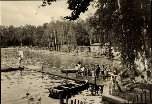 Ak Schmannewitz Dahlen in Sachsen, Waldbad, Steg, Boot, Badegäste