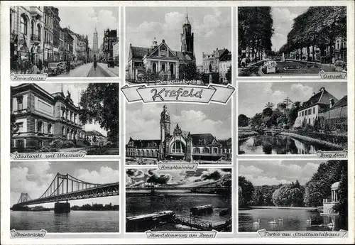 Ak Krefeld am Niederrhein, Hauptbahnhof, Weinstrasse, Ostwall, Burg Linn, Rheinstraße