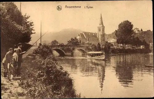 Ak Anseremme Dinant Wallonien Namur, Kirche, Brücke, Angelpartie