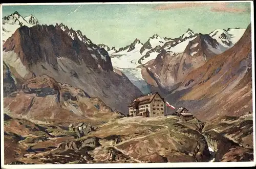 Künstler Ak Stubaital Tirol, Franz Senn Hütte, Alpenpanorama